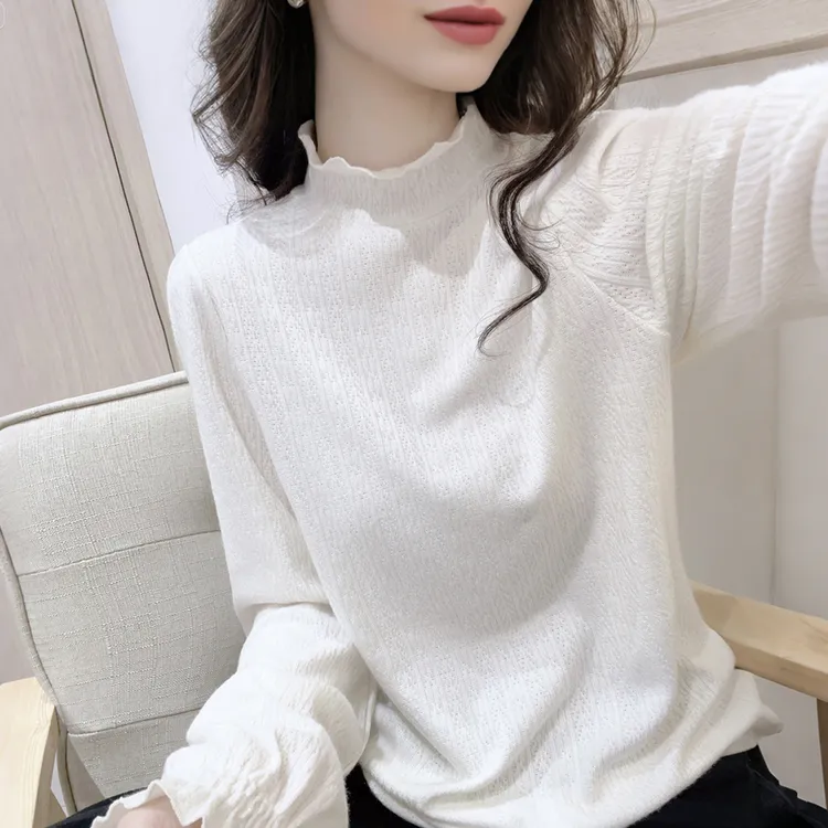 法式叠穿木耳领打底女秋冬内搭复古气质宽松百搭显瘦长袖针织T恤