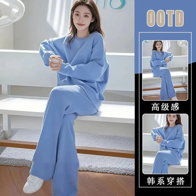 一整套ootd穿搭2025超火春装休闲气质小个子高级感蓝色卫衣两件套
