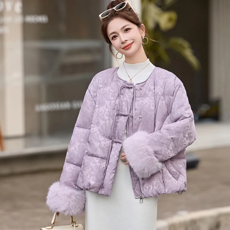 国风圆领羽绒服女短款狐狸毛2025冬季新款中式90白鸭绒面包服外套