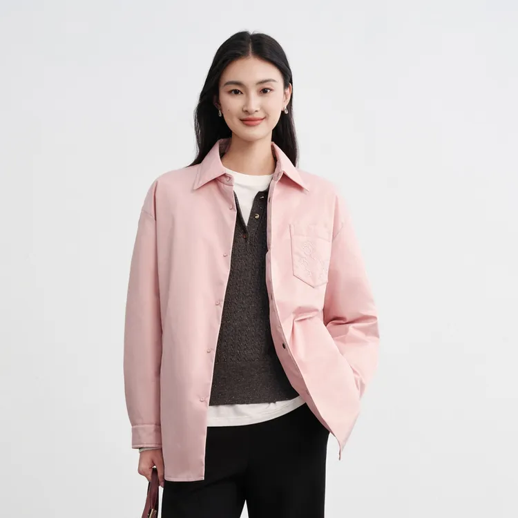 EP雅莹2025秋装新款女装 90白鸭绒轻薄衬衫式粉色羽绒服外套Y919A