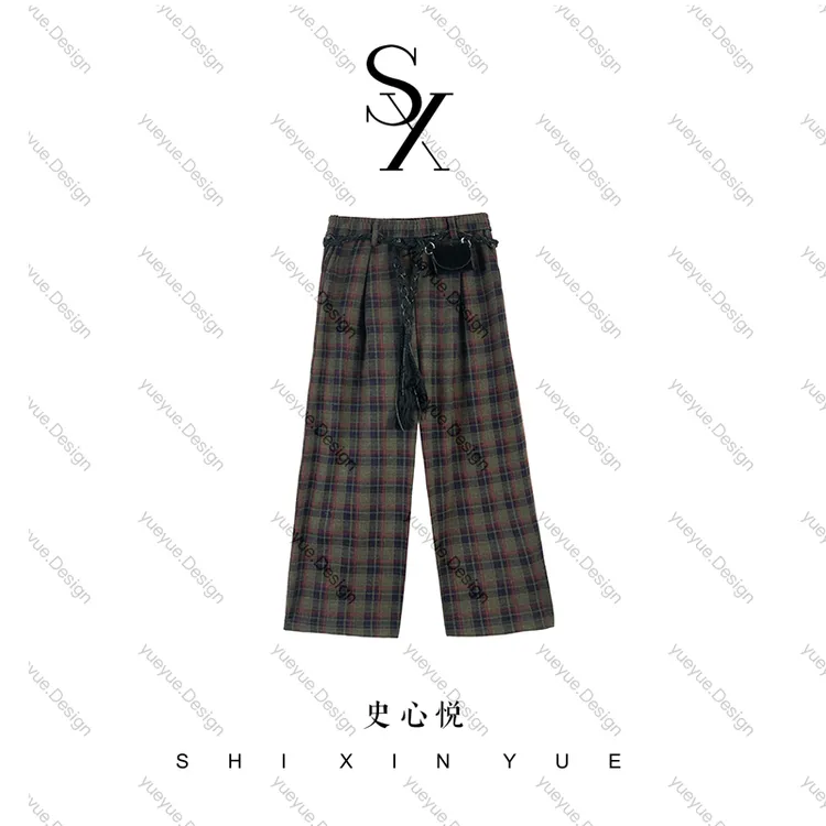 【悦悦专属】新款韩系复古潮流系带格纹休闲裤Y1002