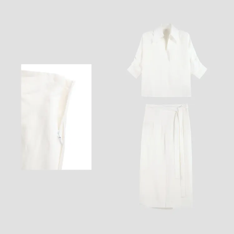 清！【白屿浅歌】简约翻领袖短款衬衫半身裙女时尚套装SHBZX621272