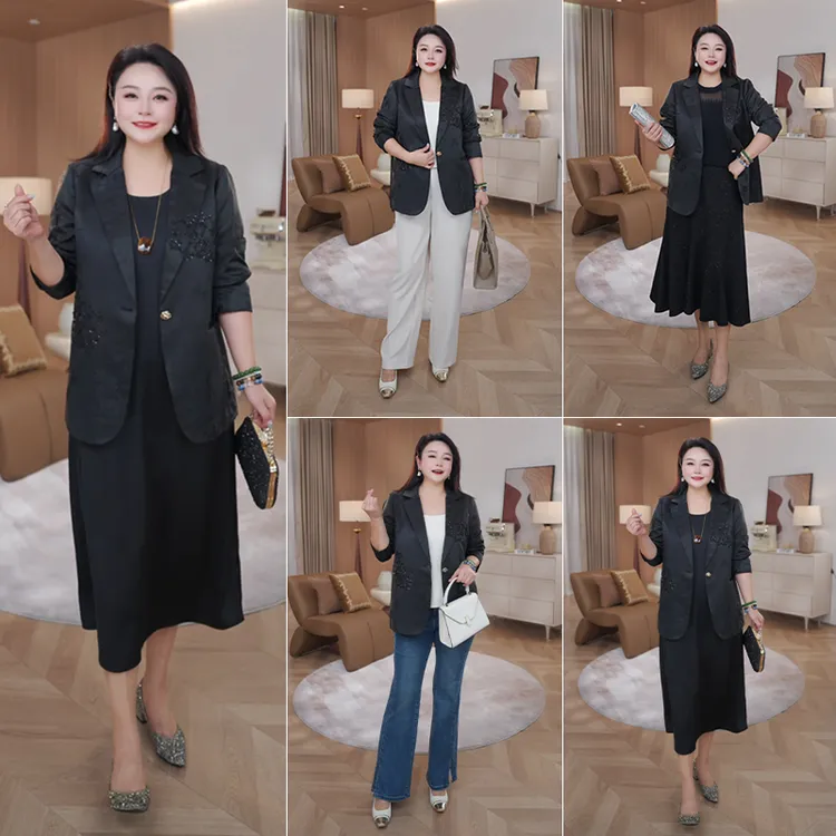 【现货】MsShe大码女装2025秋新中式重工钉珠提花西装J~B2509033