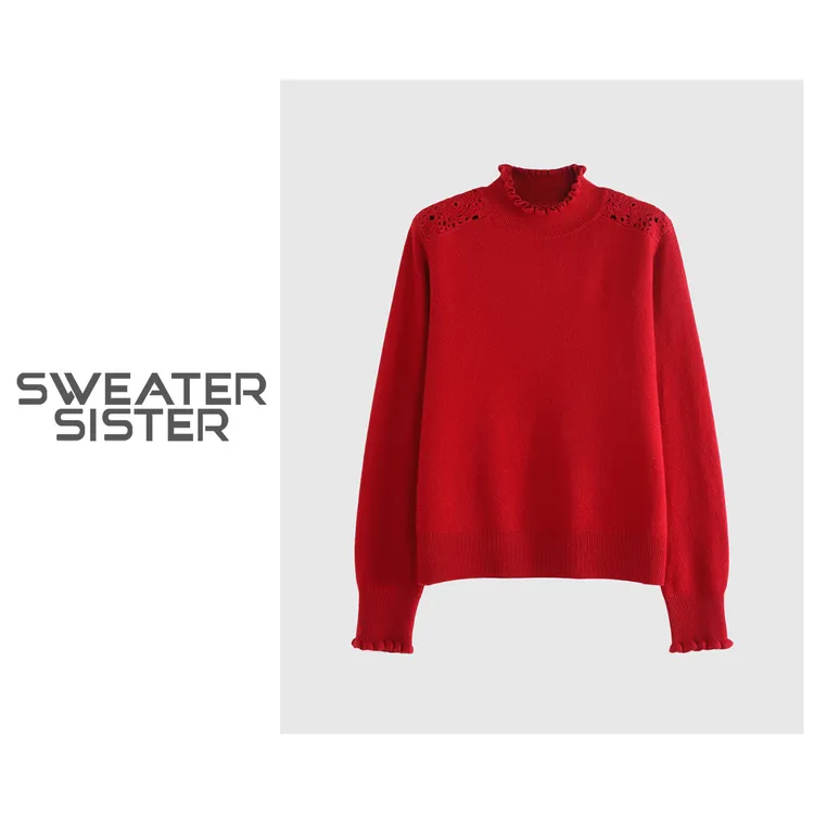 蕾丝钩花镂空套头针织衫宽松显瘦羊毛毛衣打底衫女219-3367
