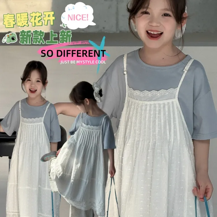 女童裙子套装春秋2025洋气背带裙夏装吊带裙时尚亲子假两件背带裤