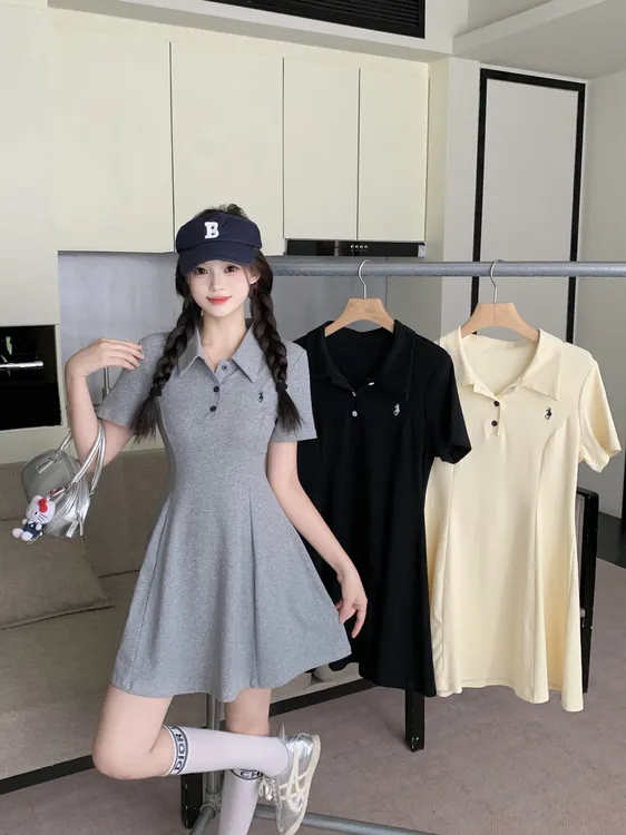 2025年大码女装夏季新款Polo领短袖高腰连衣裙3307