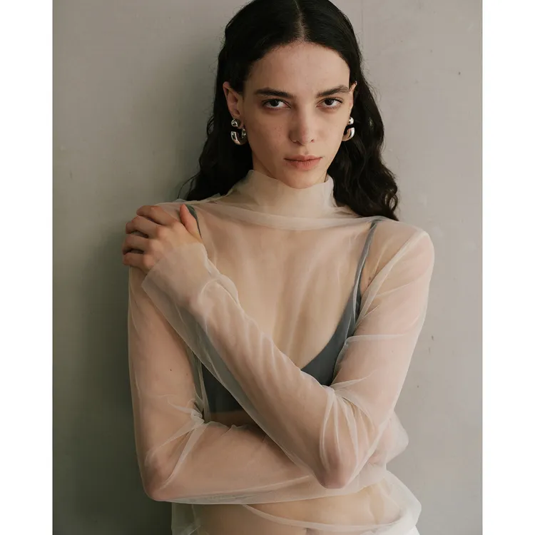 LYNEE 【云雾】半高领网纱打底T恤女轻薄内搭上衣LGD2FAT017