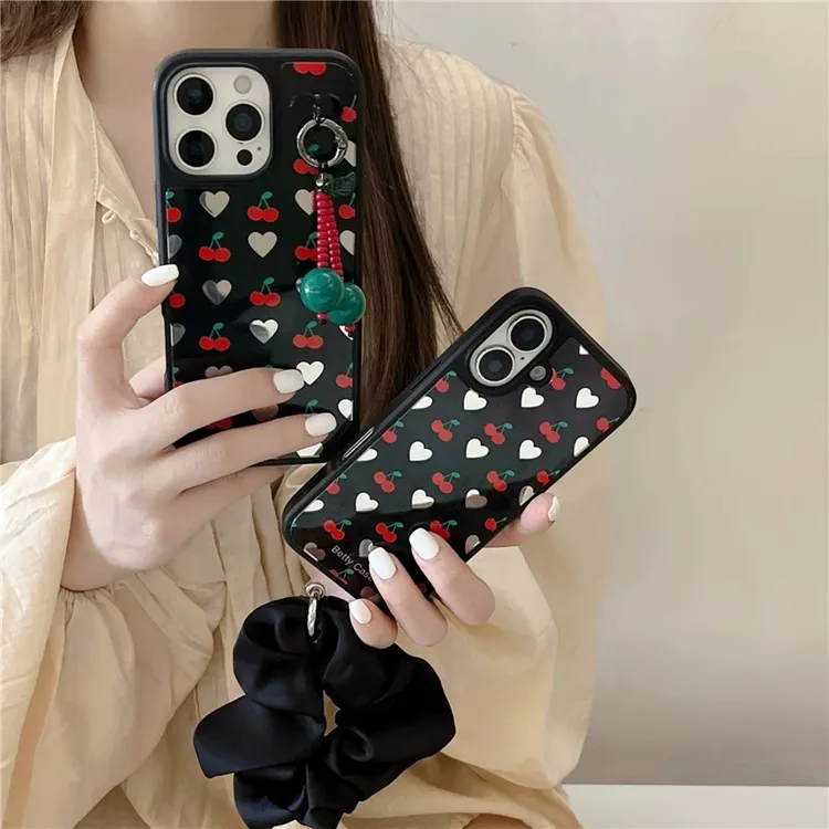 甜酷镜面爱心樱桃手提链适用苹果16pro手机壳15ProMax女iPhone13