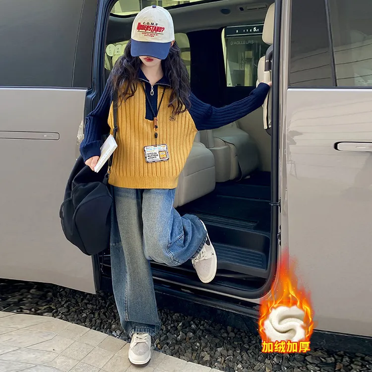 女童套装秋冬款2025新款大童冬季加绒加厚时尚拼接针织毛衣两件套