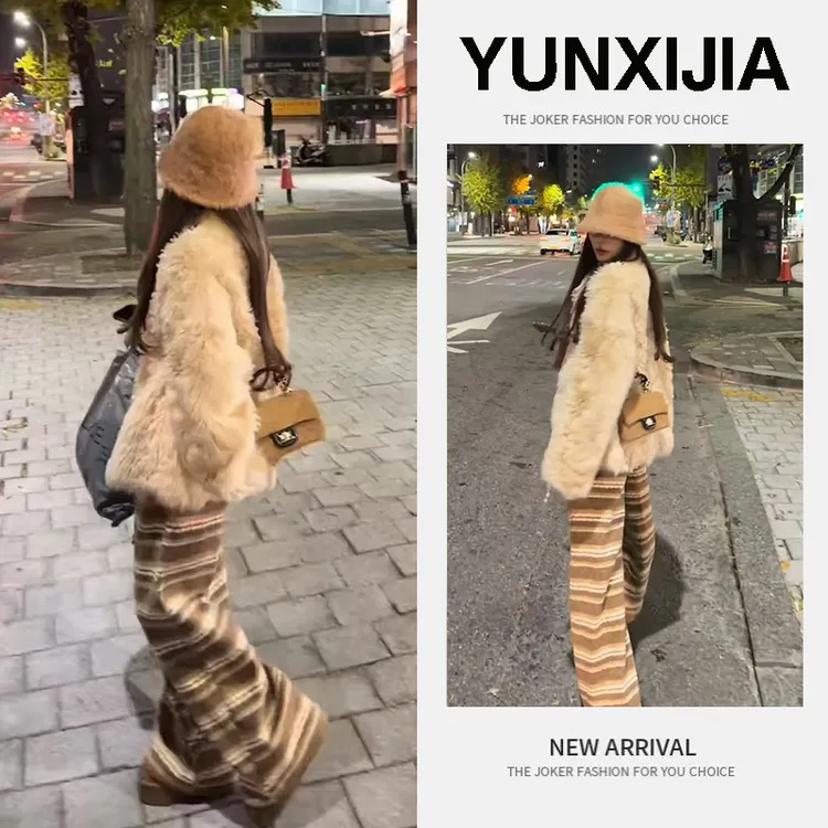 冬季一整套女装2025年新款韩版洋气毛绒保暖外套条纹阔腿裤两件套