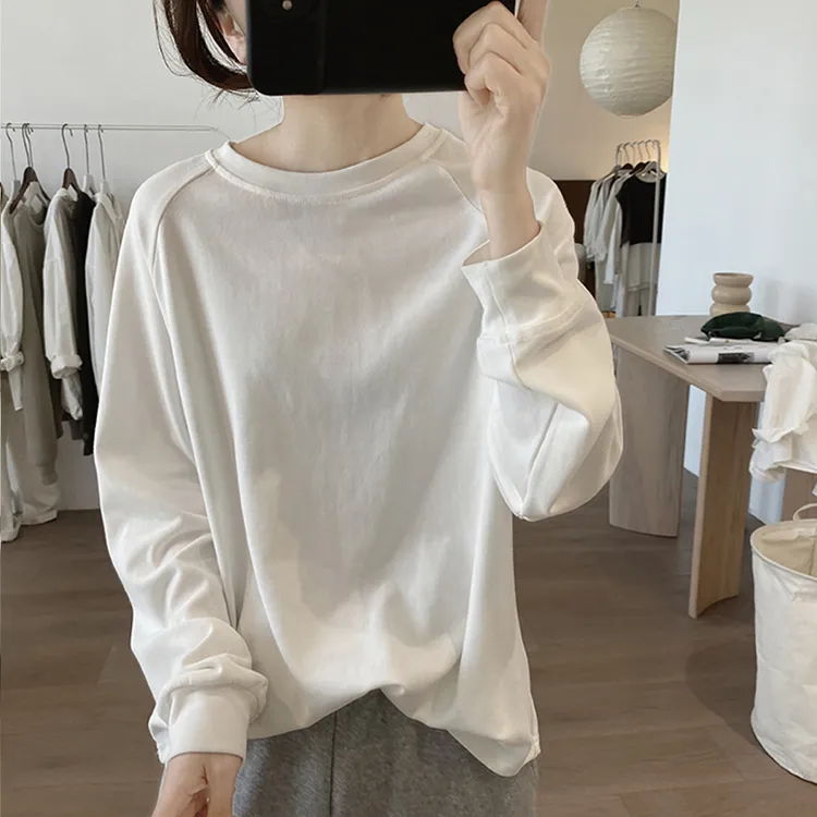 春秋女装时尚洋气宽松圆领插肩袖棉质纯色简约基础款打底显瘦T恤