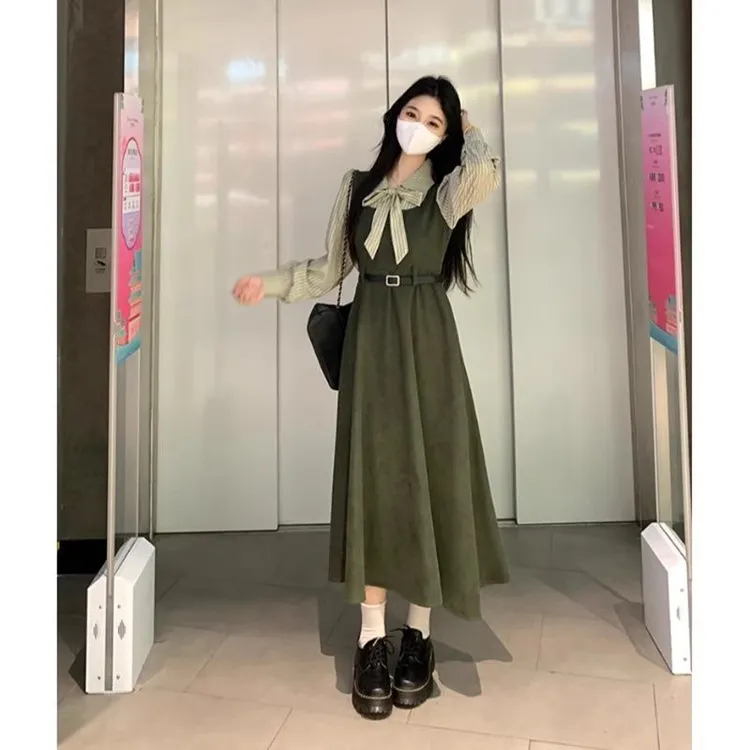 新疆西藏包邮大码胖MM法式条纹连衣裙女长袖连衣裙大码mm显瘦遮肉