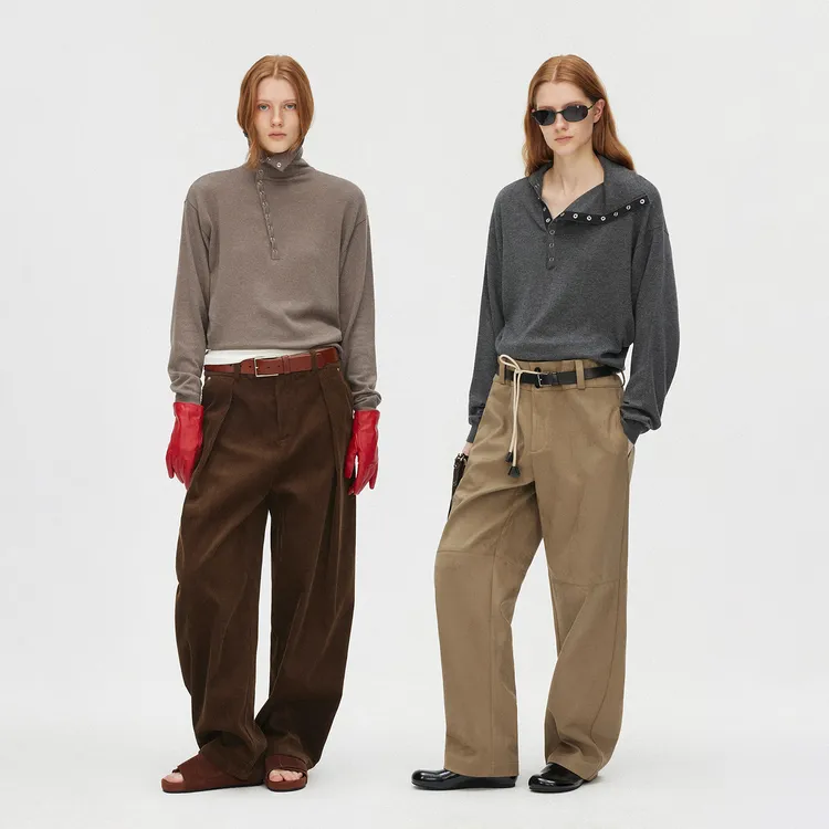 saumple study symp 斜开襟高领羊毛羊绒混纺毛衣