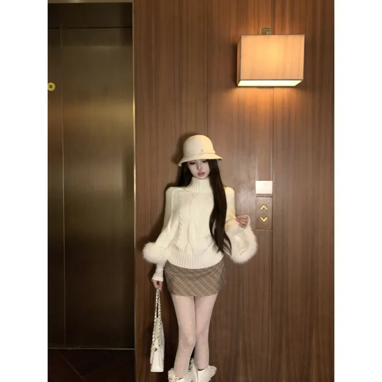 麻花高领仿狐狸毛针织上衣女秋冬设计感慵懒风宽松千金感气质毛衣