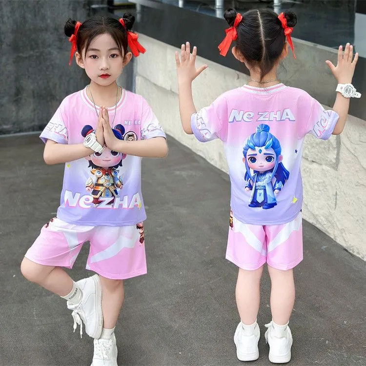 2025新款哪吒夏季儿童女童夏装运动短袖速干套装卡通短裤两件套
