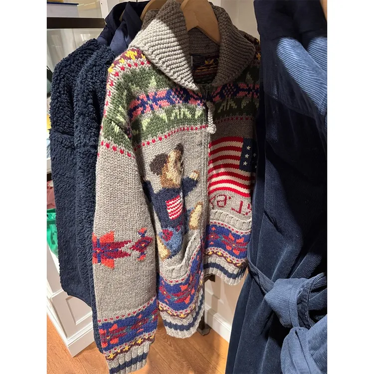 2025秋季美式复古炸街慵懒风巨好看设计感卡通印花毛衣开衫外套女