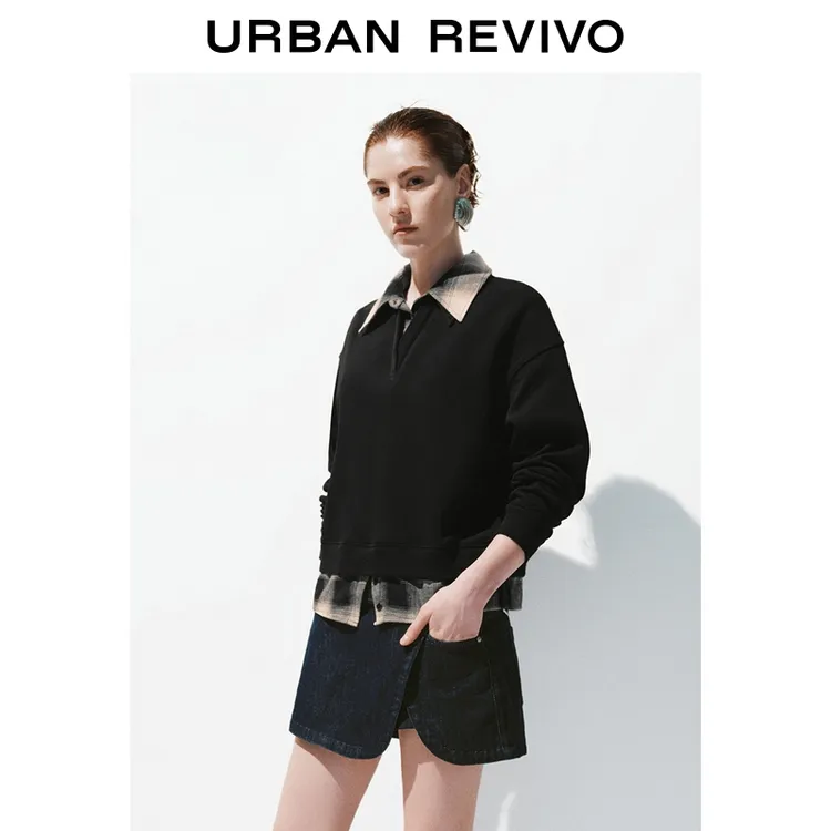 UR2026春季新款女装假两件拼接格纹马球衫UWJ450148+