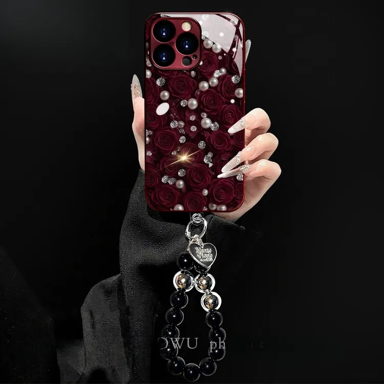 酒红珍珠玫瑰适用苹果17pro电镀玻璃手机壳手链oppo华为vivo小米