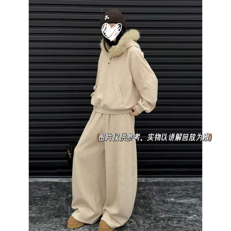 胖MM美式复古可拆卸大毛领连帽加绒卫衣秋冬新款百搭显瘦加绒外套