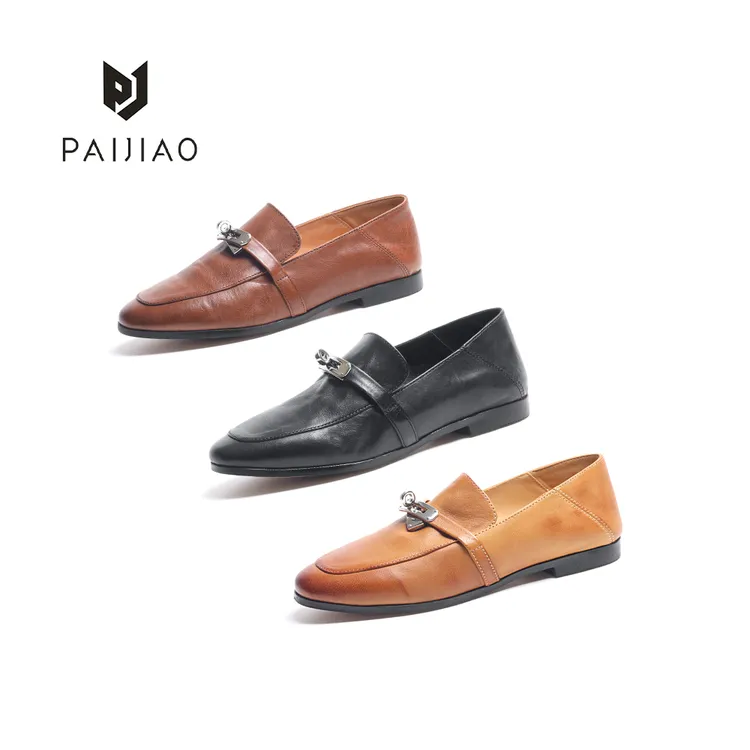 2025夏秋轻奢凯莉扣复古方头经典水洗马皮女鞋乐福一脚蹬平底930