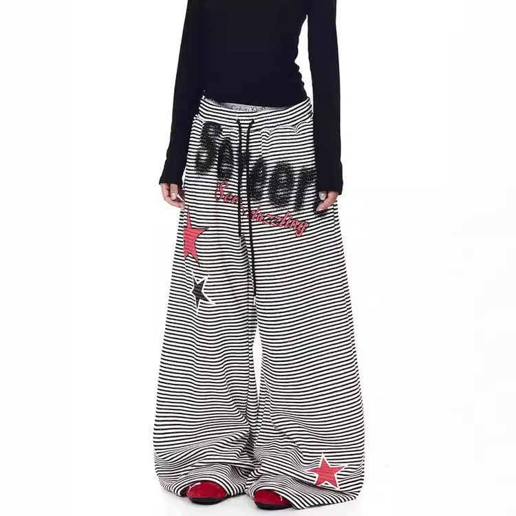 2026冬季新款女款裤子抽绳字母五角星条纹加绒宽松休闲长款休闲裤