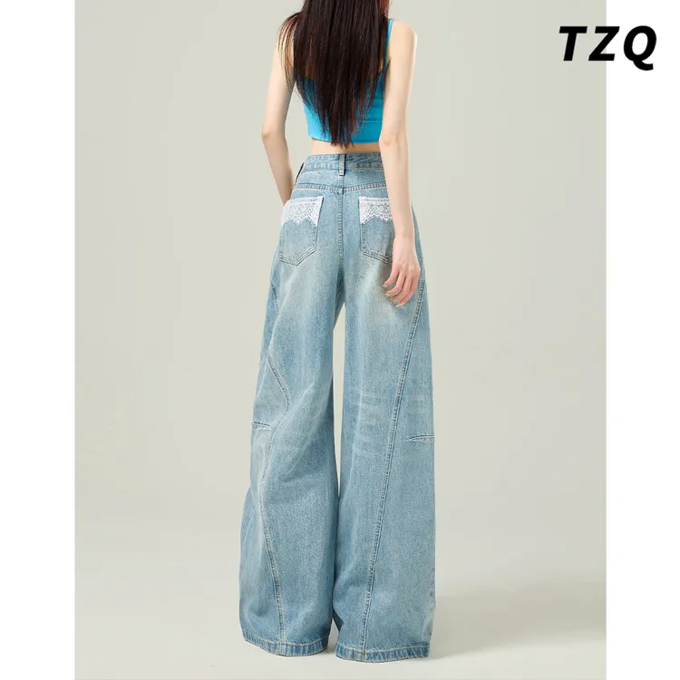蕾丝阔腿牛仔裤女爆款2025新款夏季韩系高腰宽松显瘦裤TZQ2533029