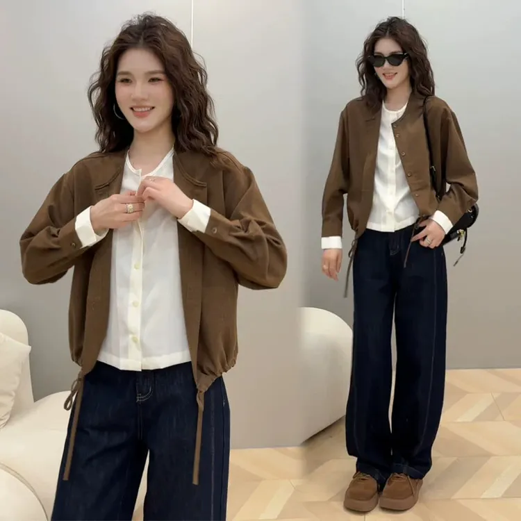 时尚假两件衬衫女2025秋季新款时髦洋气抽绳设计感百搭休闲上衣潮