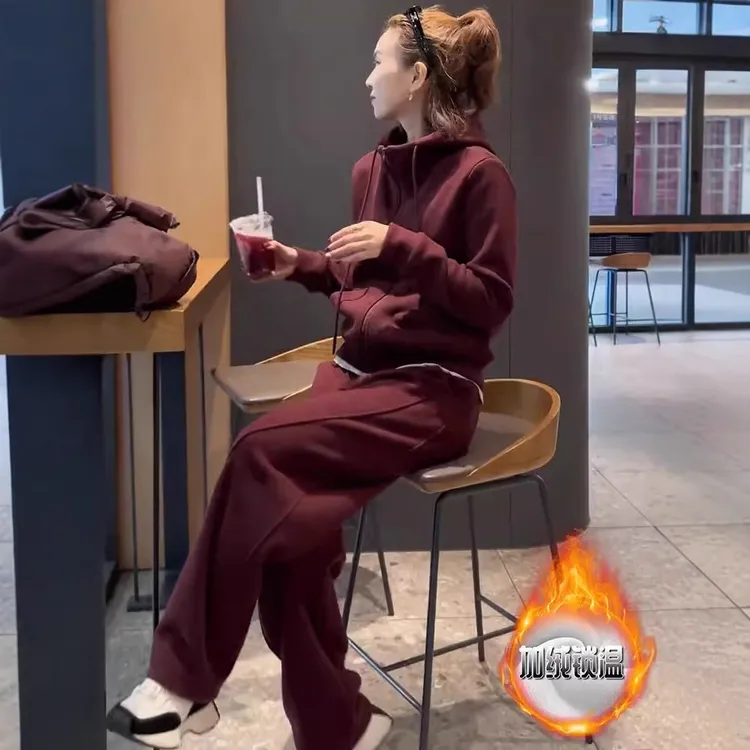 欧货高端酒红色加绒运动服套装女秋冬加厚时髦宽松洋气休闲两件套
