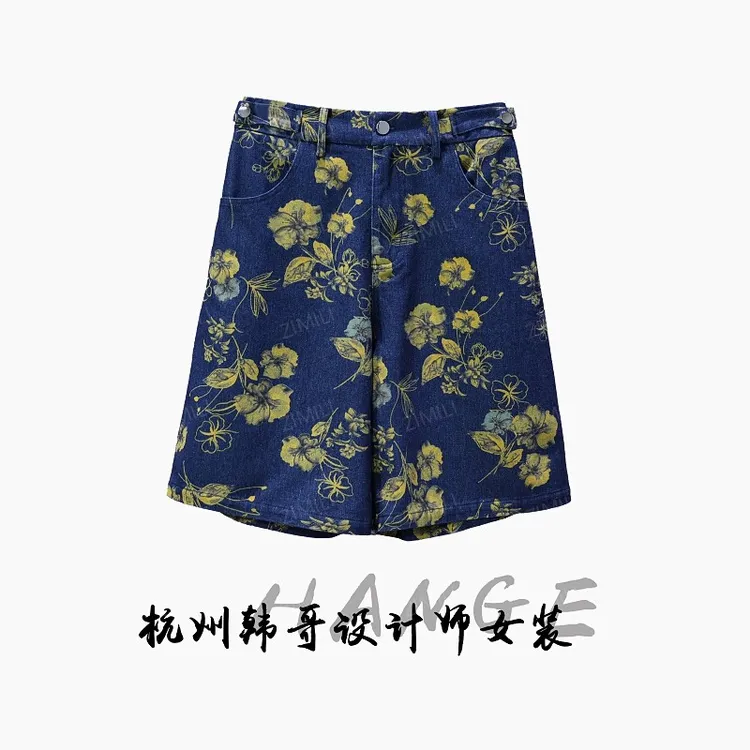 【韩哥女装】欧版轻薄牛仔蓝碎花满印时尚休闲短裤7982-H3