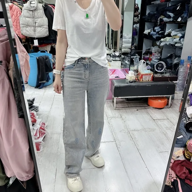 欧版潮搭烫钻刺绣小直筒微弹力时尚牛仔裤55586