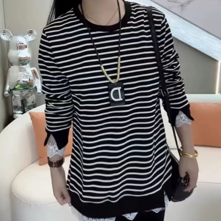显瘦常规款拼接条纹短袖常规T恤中长款长袖假两件