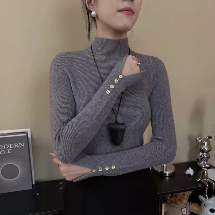 欧货2025秋冬新款简约气质百搭半高领修身显瘦长袖针织打底上衣女