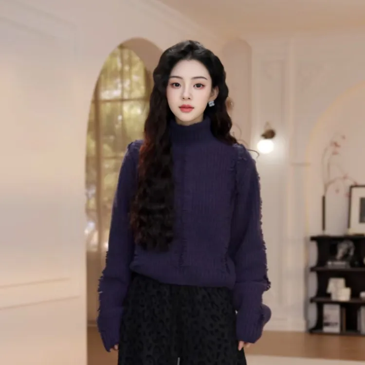 毛衣女款爆款2025洋气时尚半高领流苏毛衣女秋冬宽松针织衫慵懒风