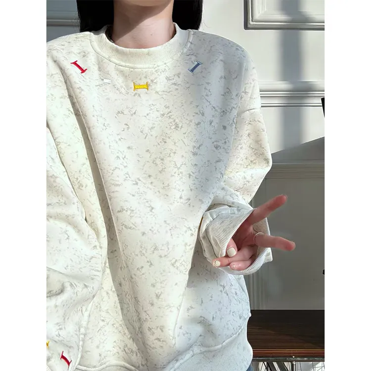 扎染潮牌刺绣卫衣男秋冬加绒重磅内搭打底衫圆领无帽情侣长袖t恤