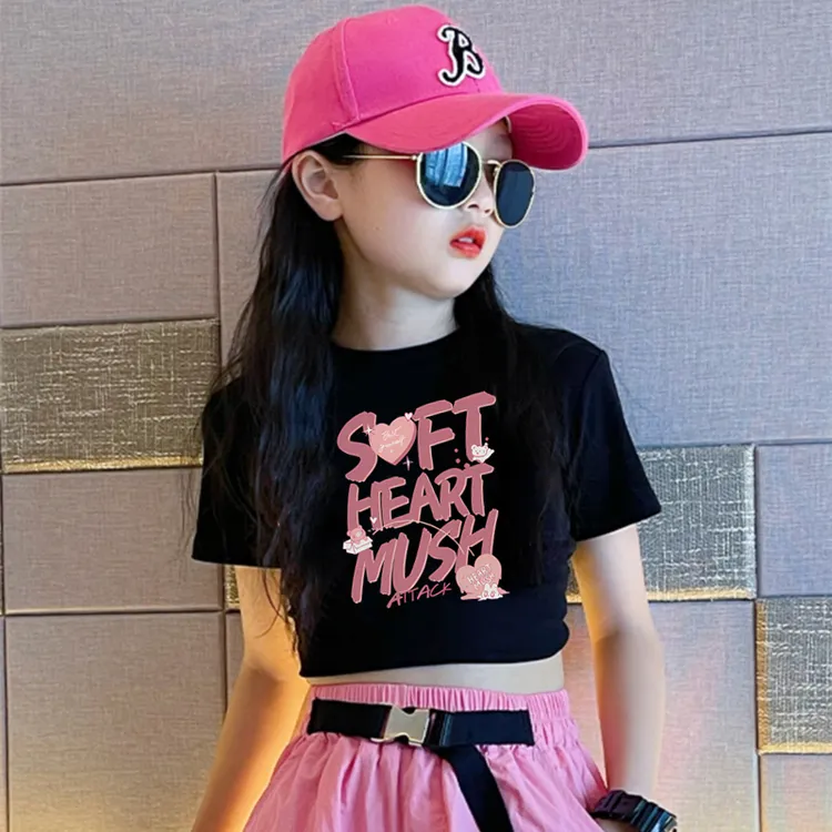 女童短袖t恤2025新款夏季洋气时尚露脐半袖短款儿童韩系跳舞上衣