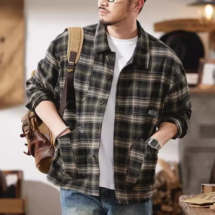 美式复古重磅长袖格子衬衫男春秋潮牌宽松高级感纯棉衬衣外套痞帅
