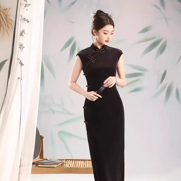 【心懂旗袍—夜语】纯色黑色高贵典雅包肩袖长款经典显瘦旗袍