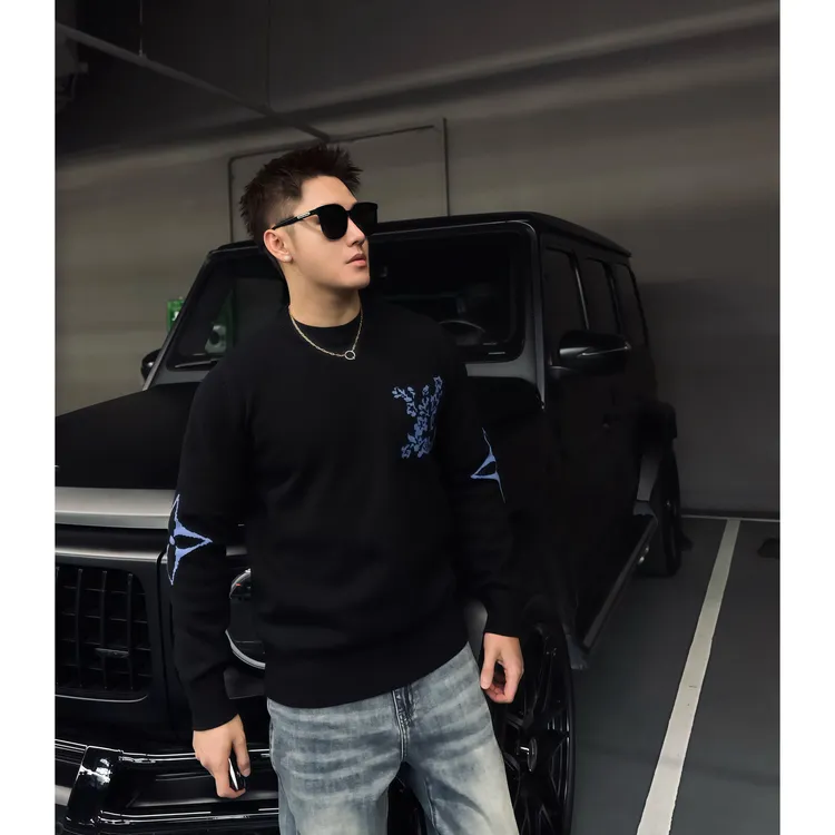 SAM【名流格调】轻奢冬季定织羊毛混纺重工提花型格套头圆领毛衣