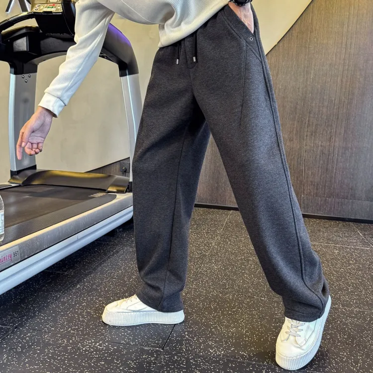 男士加绒卫裤秋冬季裤子男款2025新款宽松直筒长裤男装运动休闲裤