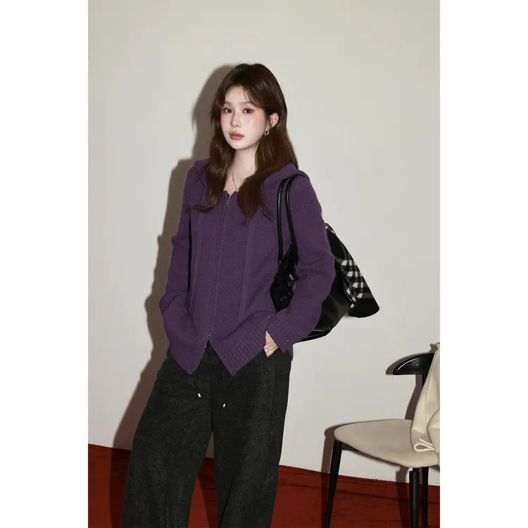 现货大婉酱微胖定制【紫微流萤】双拉链连帽软糯纯色毛织上衣1465D