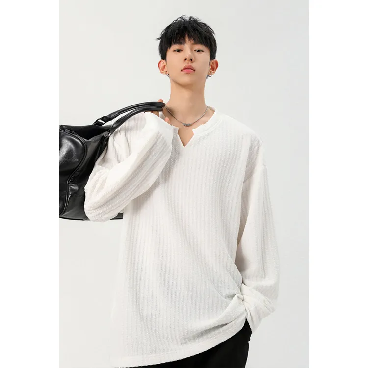 【初秋穿搭】肌理感v领长袖t恤男款宽松纯色内搭美式复古打底衫卫衣