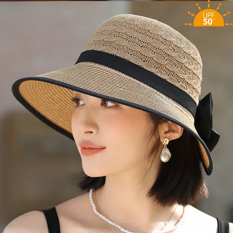 日系优雅遮阳草帽织带蝴蝶结渔夫帽子夏季时尚百搭度假大檐防晒帽