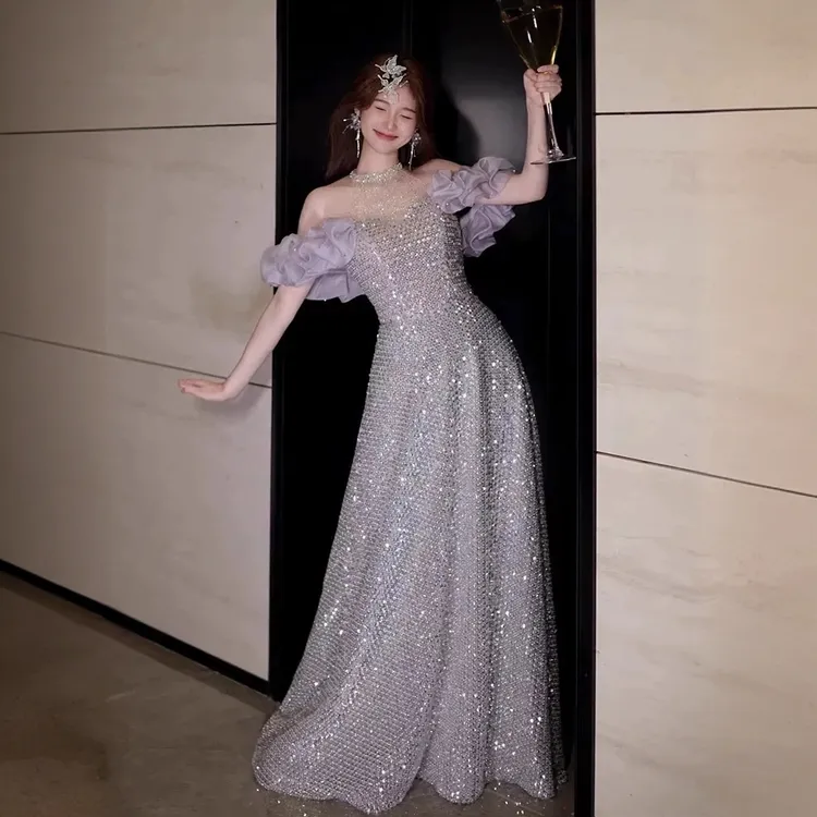 挂脖紫色晚礼服裙女亮片高级感订婚宴会气质主持新娘敬酒服小个子