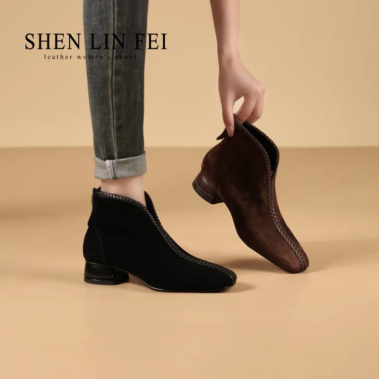 头层羊皮/3CM新款方头时尚百搭短靴气质编织低跟软底瘦女靴20815