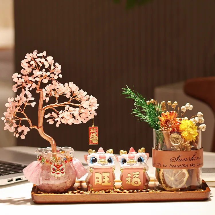 粉水晶发财树醒狮桌面摆件装饰生日礼物女生闺蜜实用的高级感小众