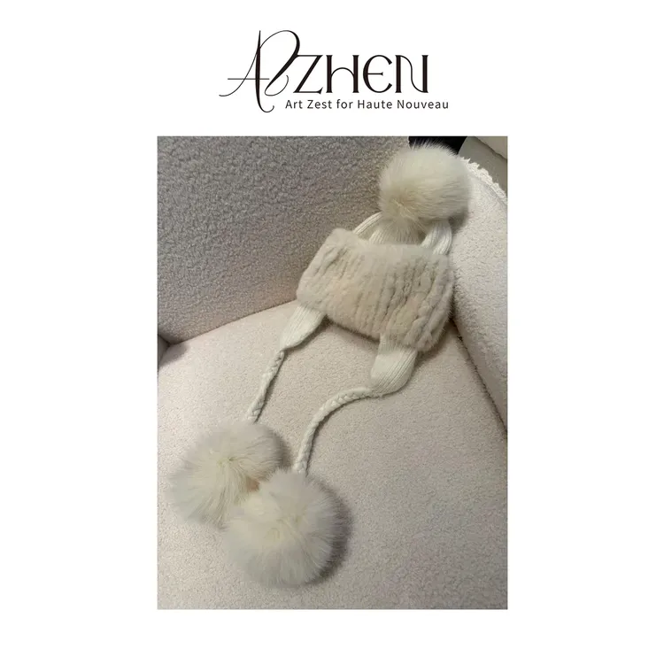 AZZHEN【冬季百搭】进口水貂护耳拼接狐狸毛针织混仿冬款毛毛帽子