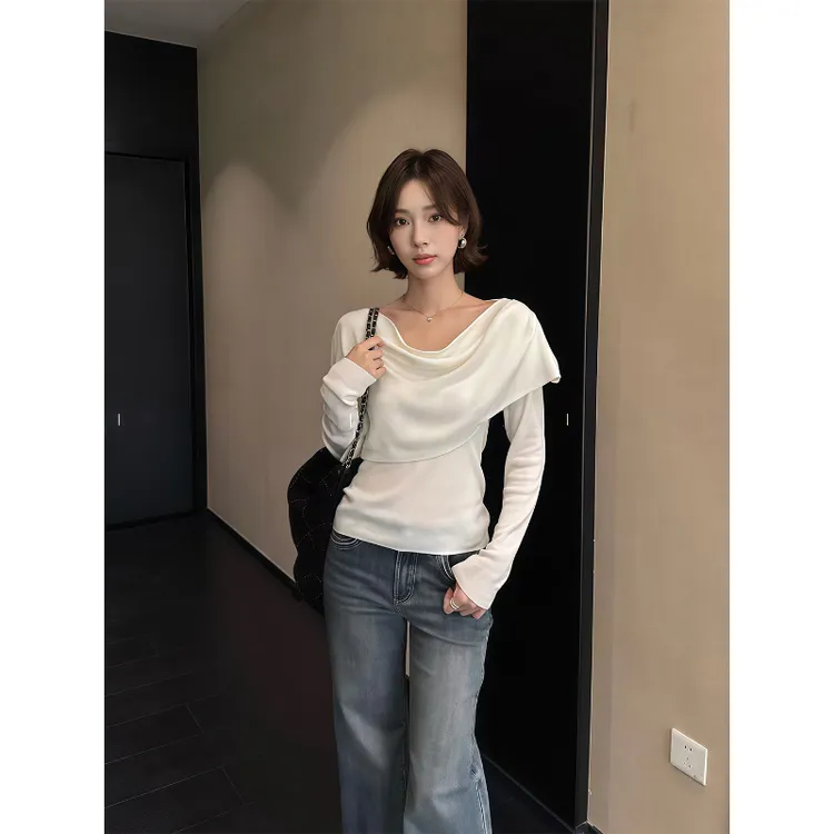法式设计感披肩荡领长袖T恤女早秋新款修身显瘦百搭时尚露肩上衣