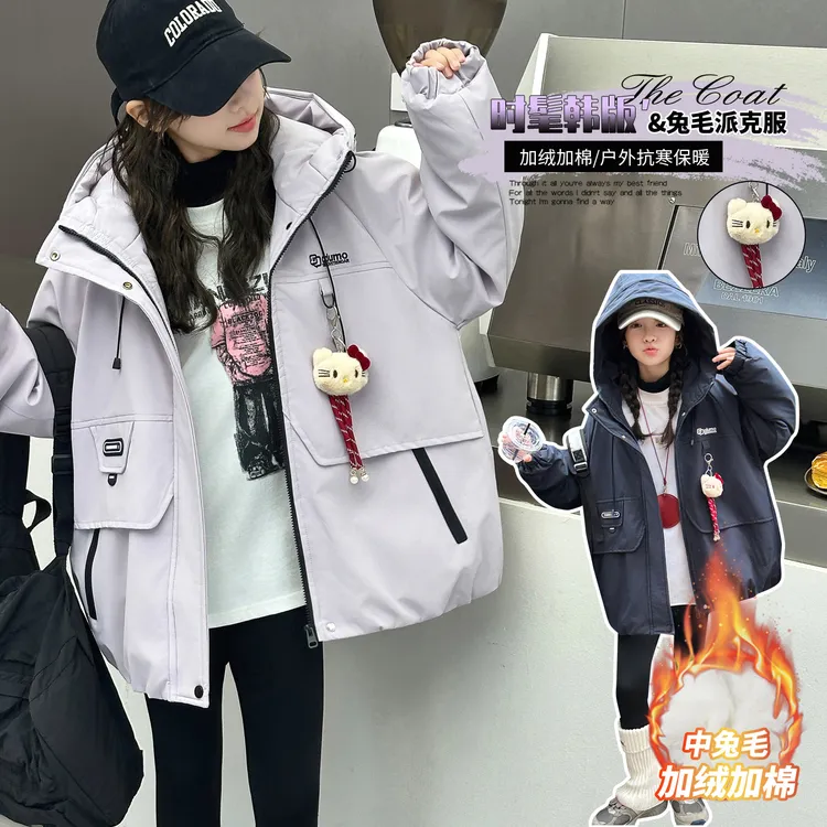 女童加绒外套冬装2025新款儿童冬季加厚派克服中大童保暖兔毛棉服