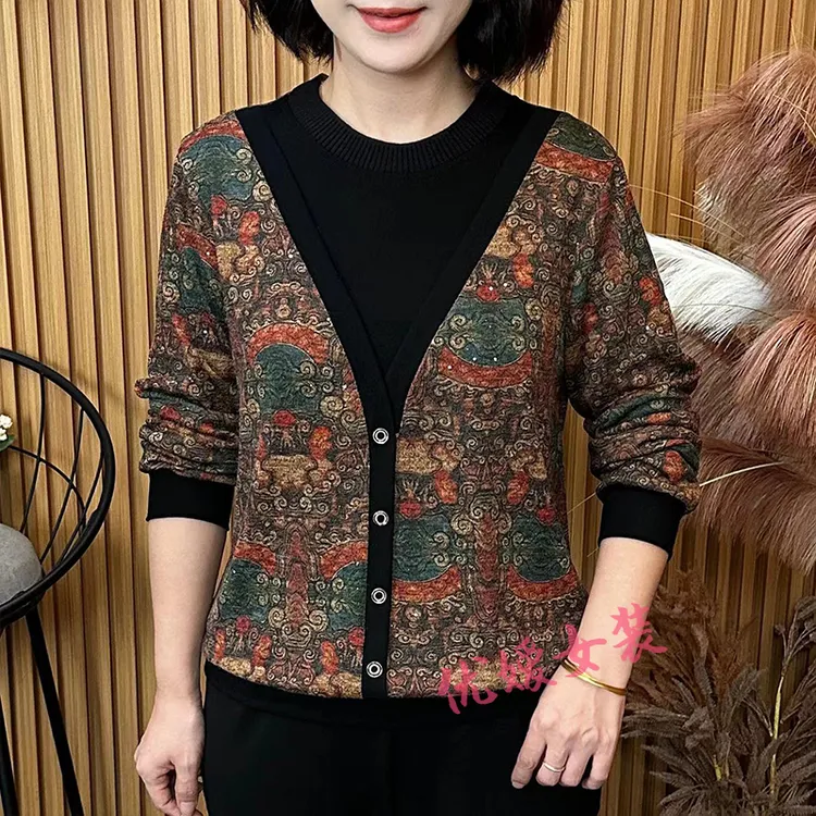 中老年女装秋季减龄圆领假两件宽松显瘦百搭洋气妈妈装长袖上衣