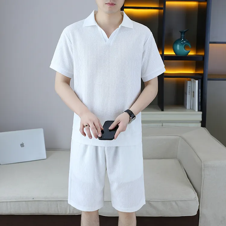 男士运动套装宽松透气短袖t恤五分短裤 中青年男装翻领纯色两件套